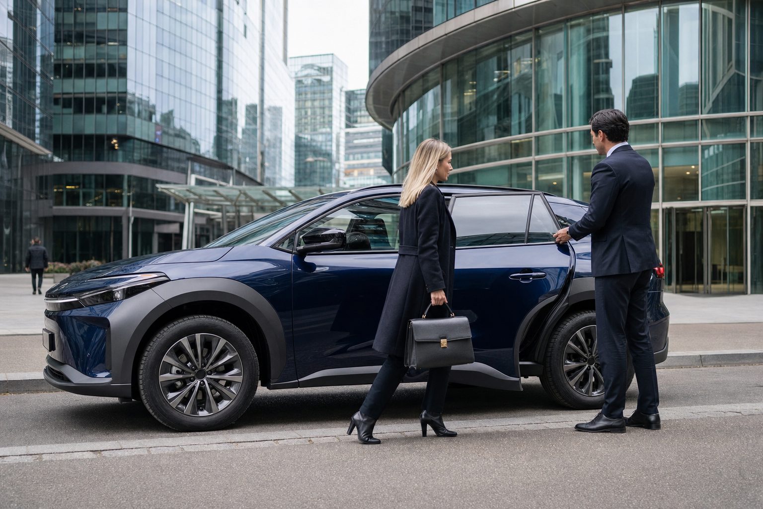 Chauffeur privé Luxembourg : Toyota bZ4X 2026 bleu nuit LEMIGO VTC et chauffeur ouvrant la portière à une cliente au quartier d'affaires du Kirchberg