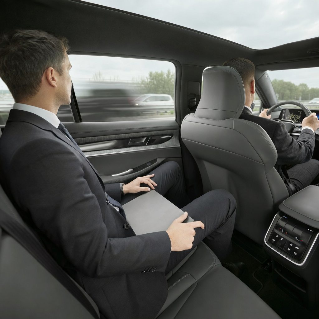 Chauffeur privé Metz Luxembourg : passager à l'arrière d'un SUV électrique sur l'A31 en direction du Luxembourg