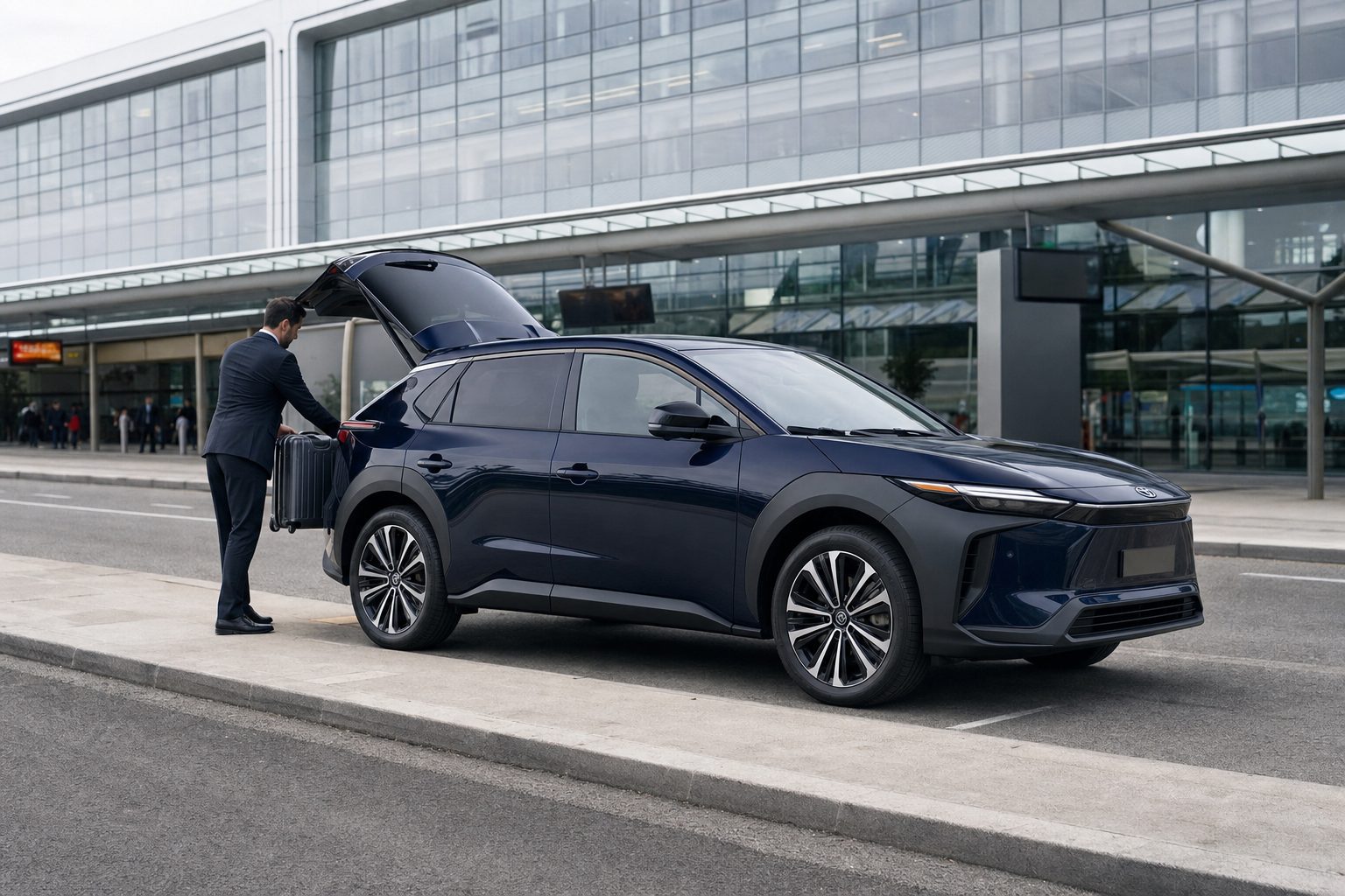 Toyota bZ4X 2026 LEMIGO VTC devant le terminal de l'aéroport de Luxembourg-Findel