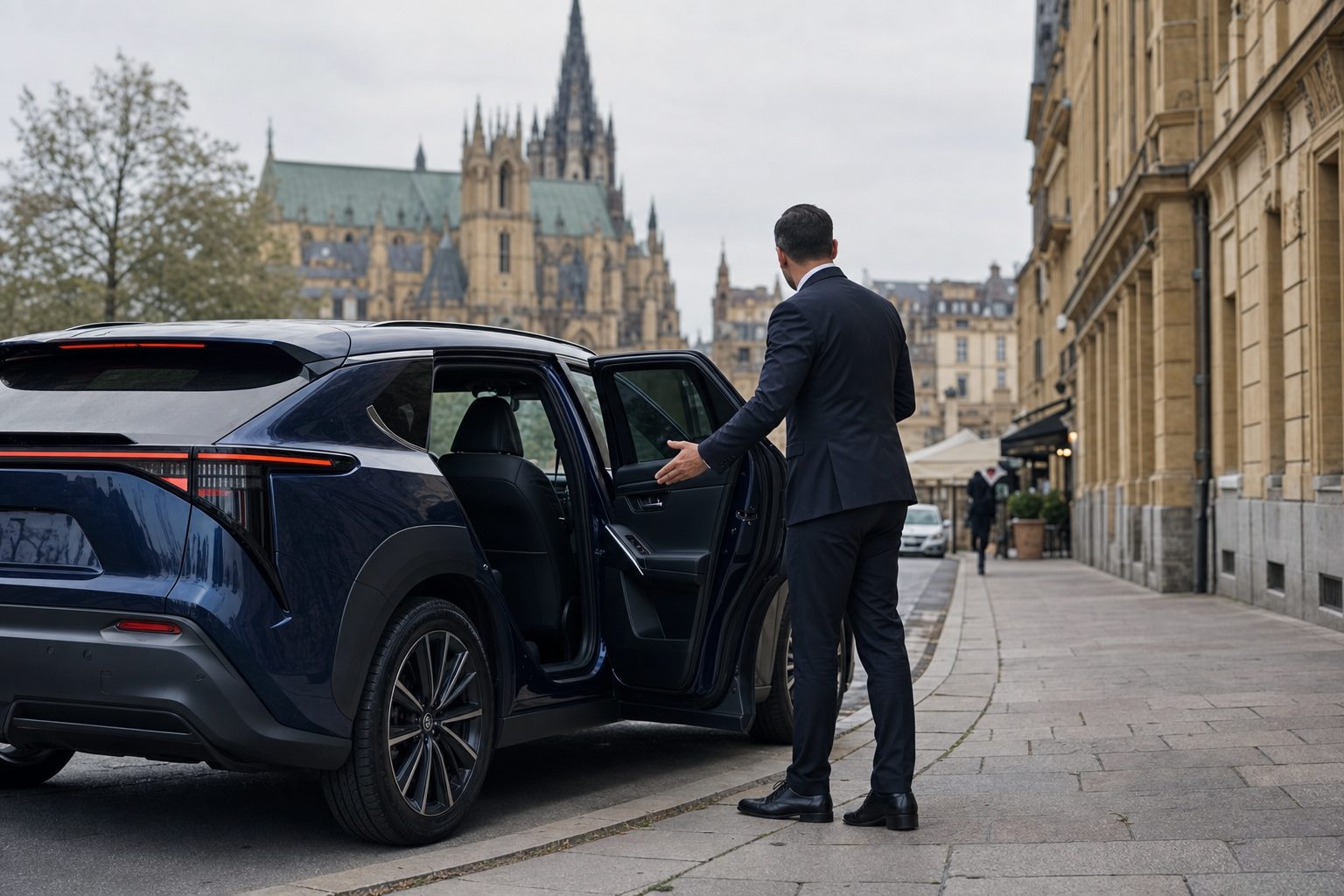 Chauffeur LEMIGO VTC accueillant un client devant un Toyota bZ4X 2026 bleu nuit à Metz