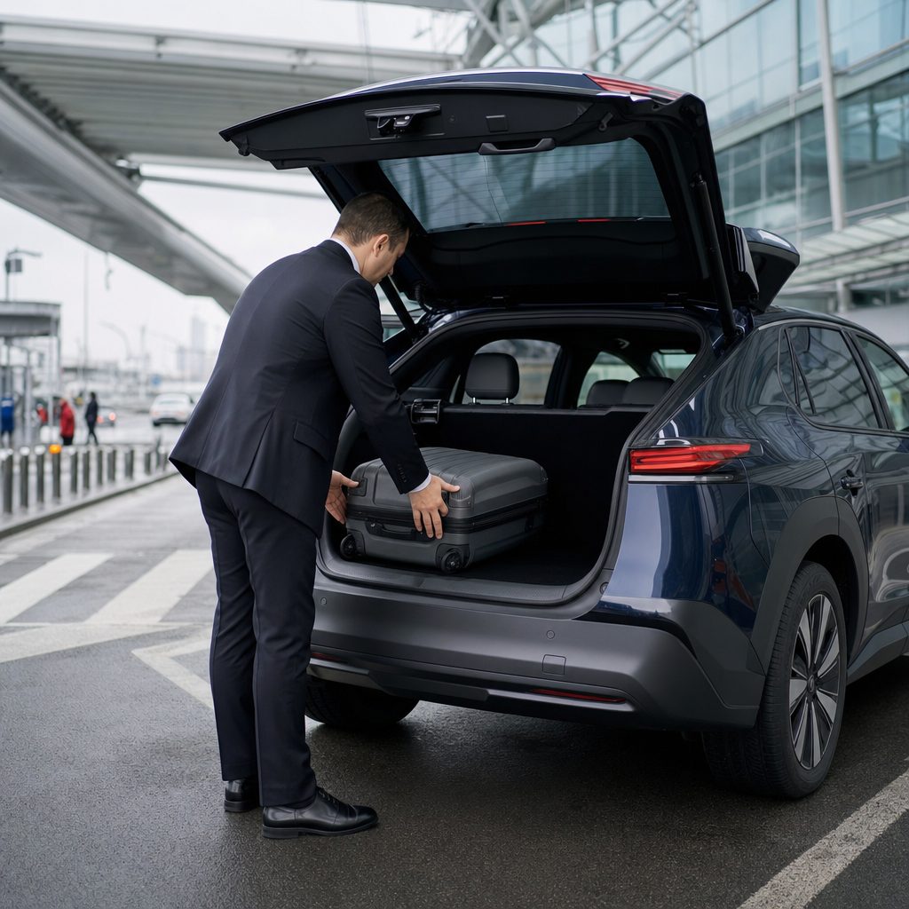 Chauffeur privé LEMIGO VTC chargeant une valise dans la Toyota bZ4X pour un transfert Metz vers l'aéroport de Francfort