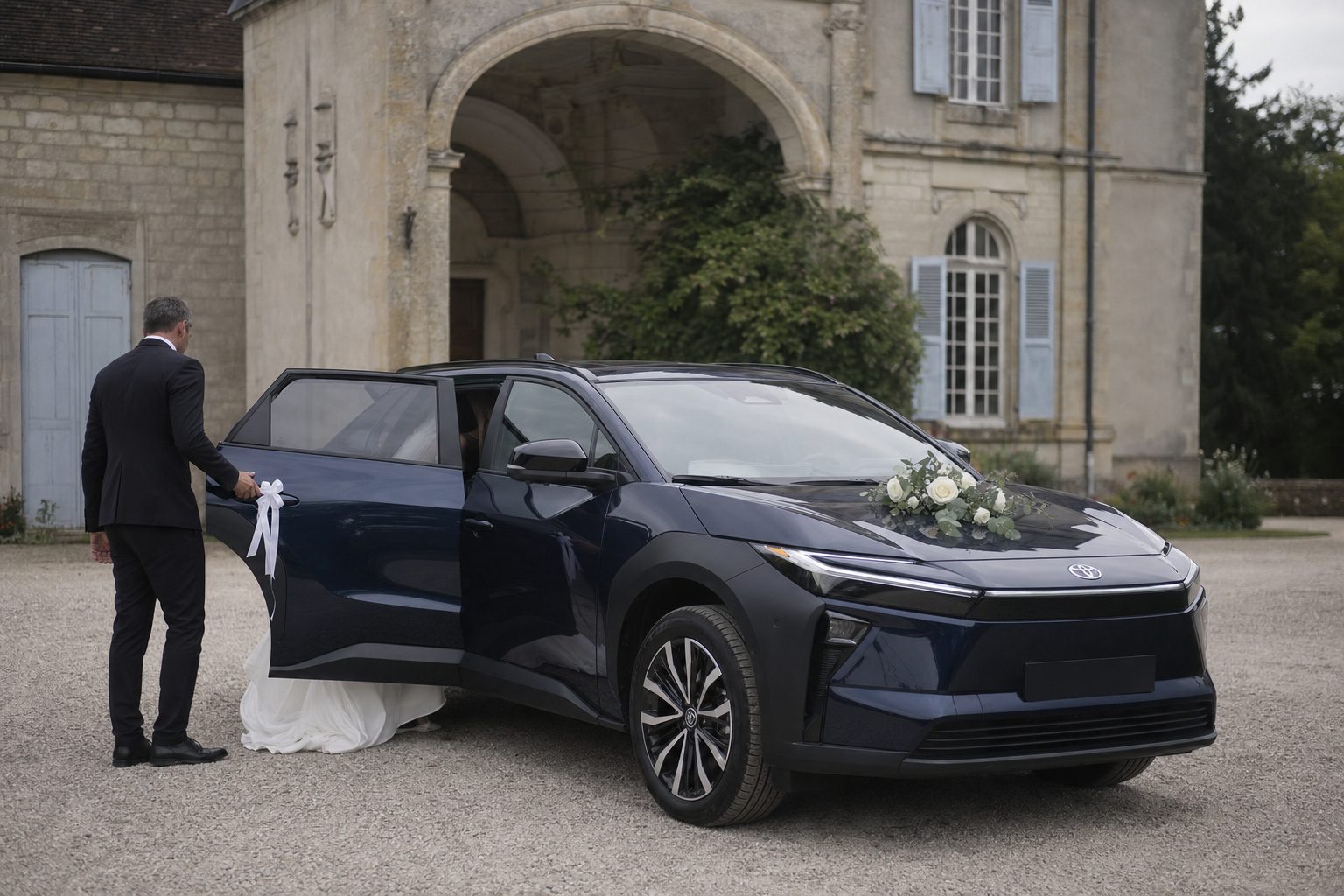 Toyota bZ4X 2026 LEMIGO VTC décorée pour un mariage à Metz, ruban blanc sur la portière