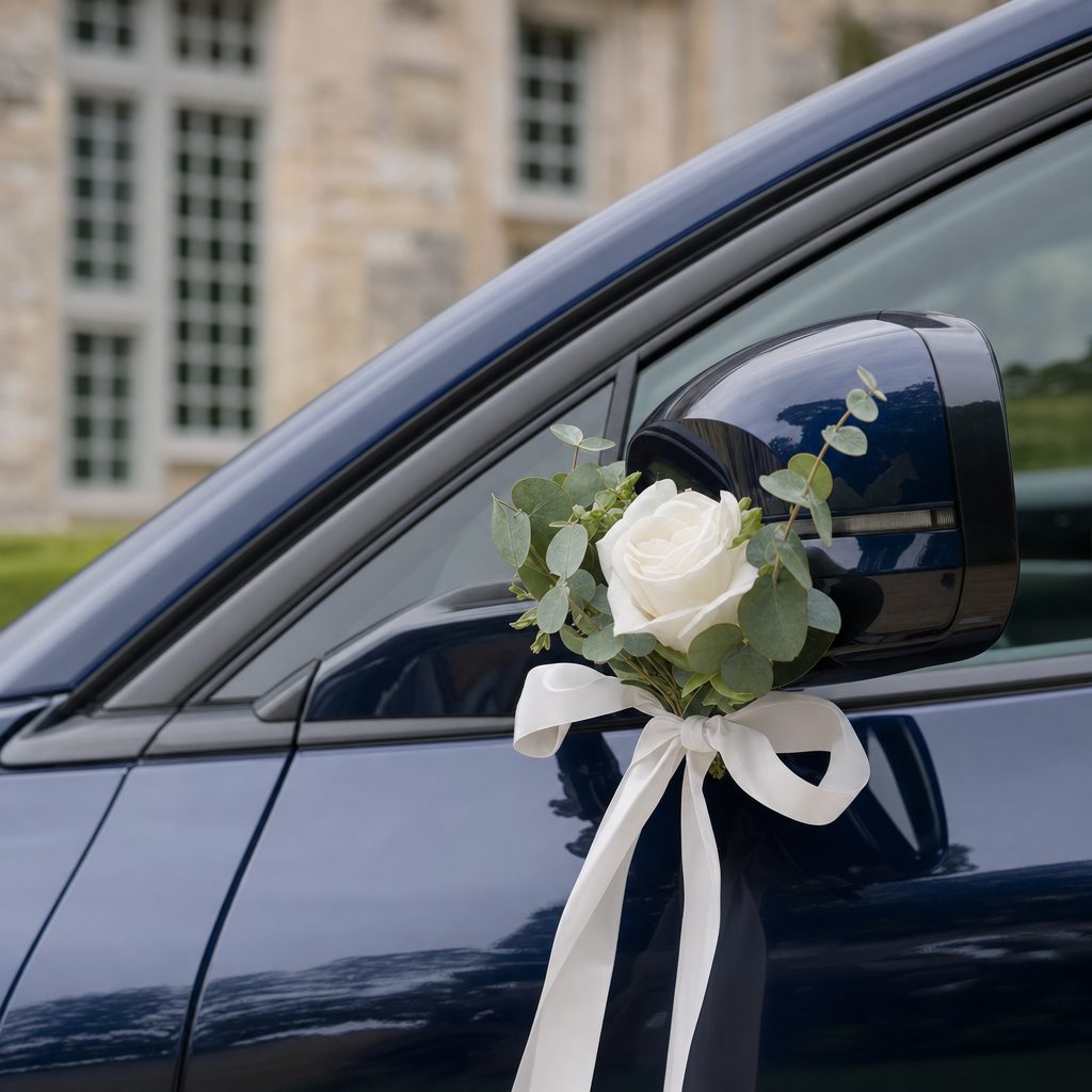 Détail décoration florale et ruban blanc sur une Toyota bZ4X 2026 LEMIGO VTC pour un mariage à Metz