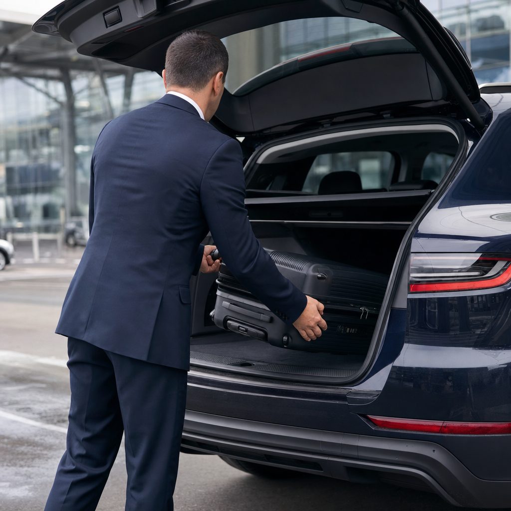 Chauffeur LEMIGO VTC chargeant une valise pour une navette vers l'aéroport de Luxembourg-Findel depuis Metz